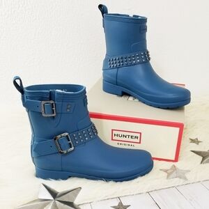 Hunter Refined Studded biker boots rockpool blue Rain Bootie Women's Size 7 NWT